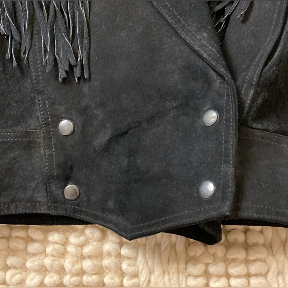 Vintage Cosa Nova Black Suede Leather Fringe Bomber Coat with Floral Print M L - Picture 6 of 12